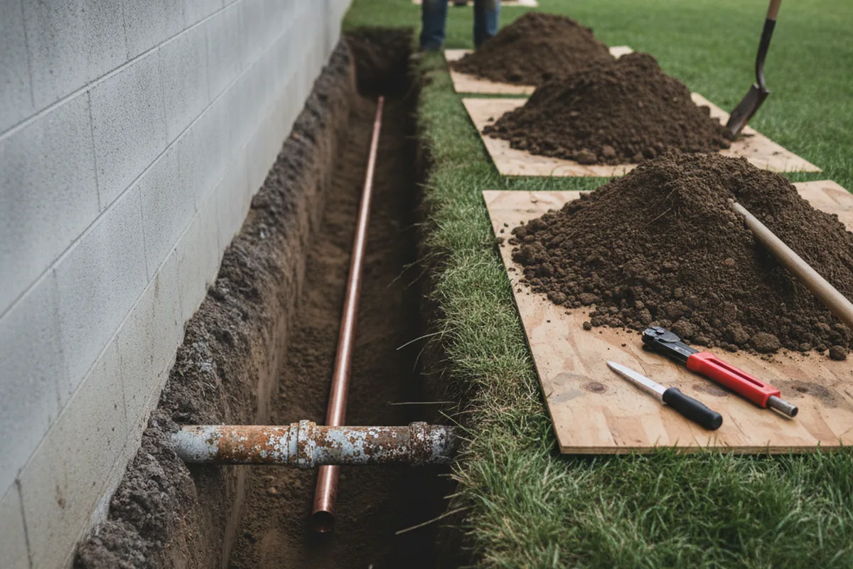 Excavated water line trench during Sewer Line Repair in Seguin